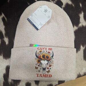 Women's Beige Beanie with Floral Skull Design